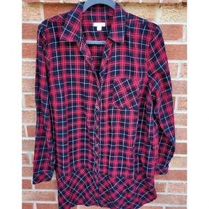 J. Jill Plaid Shirt Women's Size Large Long Tunic Button Up Scottish Tartan